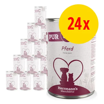 Lot de 24 boîtes Herrmann’s Manufaktur PUR Pferd, étiquette avec silhouettes chien et chat, texte visible : Horse pure. Grand cercle jaune avec 24x en rouge.