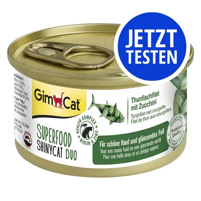 GimCat Superfood ShinyCat Duo Thunfischfilet mit Zucchini. Für schöne Haut und glänzendes Fell. Health Complex mit Biotin & Zink. Glutenfrei, Premium Qualität, ohne Zuckerzusatz. Jetzt testen.
