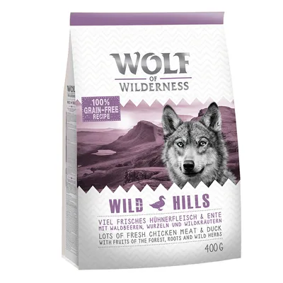 Wolf of Wilderness Wild Hills, 100% bezzbożowa receptura, dużo świeżego mięsa z kurczaka i kaczki z jagodami leśnymi, korzeniami i ziołami, 400g.