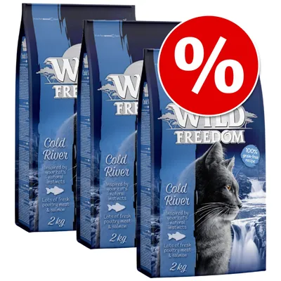 Wild Freedom Cold River cat food, 2kg bags, visible text: 'Inspired by your cat's natural instincts', 'Lots of fresh poultry meat & salmon', '100% grain-free recipe', red percent discount symbol Wild Freedom Cold River cat food, 2kg bags, visible text: 'Inspired by your cat's natural instincts', 'Lots of fresh poultry meat & salmon', '100% grain-free recipe', red percent discount symbol