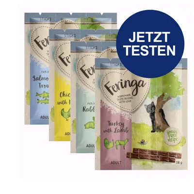 Feringa Sticks für Erwachsene, Sorten: Lachs & Forelle, Huhn mit Minze, Kaninchen, Truthahn mit Lamm. Getreidefreie Rezeptur. Jetzt testen. Feringa Sticks für Erwachsene, Sorten: Lachs & Forelle, Huhn mit Minze, Kaninchen, Truthahn mit Lamm. Getreidefreie Rezeptur. Jetzt testen.