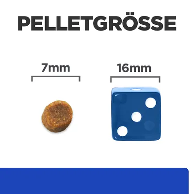 Pelletgrösse dargestellt: 7mm Pellet neben einem Würfel mit 16mm Kantenlänge.