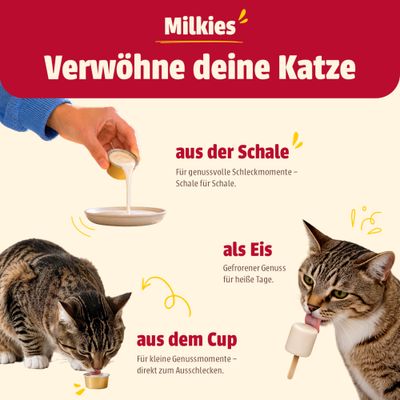 Milkies Verwöhne deine Katze: aus der Schale, als Eis oder aus dem Cup. Für genussvolle Schleckmomente und gefrorenen Genuss direkt zum Ausschlecken.
