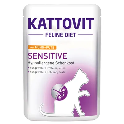 Kattovit Feline Diet Sensitive mit Huhn + Pute, hypoalergénne krmivo pre mačky, vybrané proteínové a sacharidové zdroje. Text v nemčine.