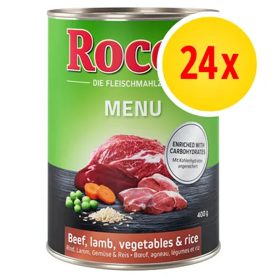 Rocco Menu, boîte 400 g, bœuf, agneau, légumes et riz. Lot de 24x. Texte visible : Enriched with carbohydrates. Marque Rocco.