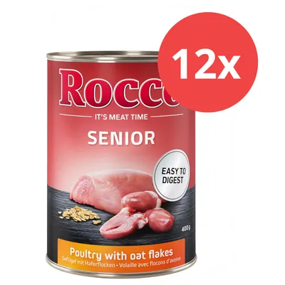 Rocco Senior Nassfutter, Geflügel mit Haferflocken, leicht verdaulich, 12x 400g Dosen.