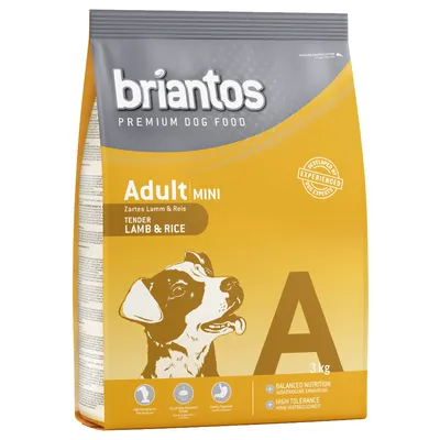 briantos PREMIUM DOG FOOD Adult Mini Tender Lamb & Rice, 3 kg. Vyobrazení psa, piktogramy: vysoká snášenlivost, malá velikost granulí, snadná stravitelnost, vyvážená výživa.