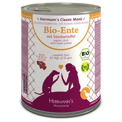 Konzerva Herrmann's Classic Menü Bio-Ente mit Süßkartoffel, organic duck with sweet potato, popolna hrana za pse vseh starosti. Vidna certifikata BIO in bio.inspecta.