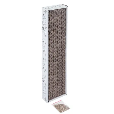 Placă de zgâriat din carton ondulat cu design floral, dreptunghiulară. Pungă cu mentă pentru pisici inclusă.
