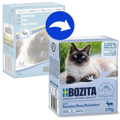 Confezione Bozita Swedish Natural Quality con renna, 370 g, per gatti. Testo visibile: 100% animal protein of protein content, grain free, B glucan, chunks in sauce.