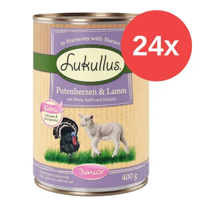 Lukullus corazones de pavo y cordero con mijo, manzana y aceite de cártamo. Calcio y fósforo extra. Junior. 400g. Pack de 24.