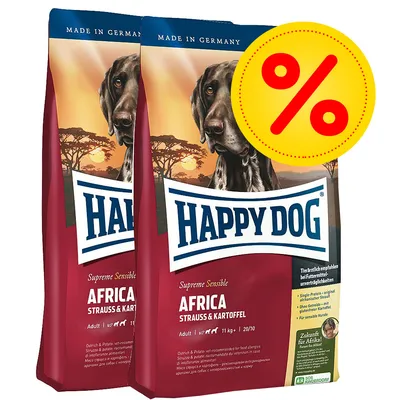 Happy Dog Supreme Sensitive Africa Strauss & Kartoffel koiranruokapakkaus, 11 kg. Made in Germany. Tarjousmerkki näkyvissä.