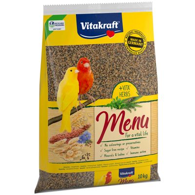Vitakraft Menu med Vita Herbs, hovedfoder til kanariefugle, Made in Germany, uden farvestoffer eller konserveringsmidler, sukkerfri, vitaminer, mineraler, aktivt immunsystem, 10 kg.