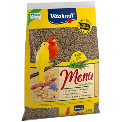 Vitakraft Menu med Vita Herbs, hovedfoder til kanariefugle, Made in Germany, uden farvestoffer eller konserveringsmidler, sukkerfri, vitaminer, mineraler, aktivt immunsystem, 10 kg. Vitakraft Menu med Vita Herbs, hovedfoder til kanariefugle, Made in Germany, uden farvestoffer eller konserveringsmidler, sukkerfri, vitaminer, mineraler, aktivt immunsystem, 10 kg.