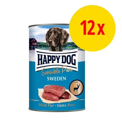 Happy Dog Sensible Pure Sweden Wild Pur Game Pure -koiran märkäruoka, 12 x. Pakkauksessa näkyy koira, lihaa ja hirven kuva.