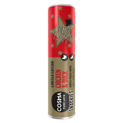 Cosma Pure Love Snackies Limited Edition Chicken & Duck, Merry Christmas, 100% pure meat, gently freeze-dried. Tekst in het Engels zichtbaar op de verpakking.