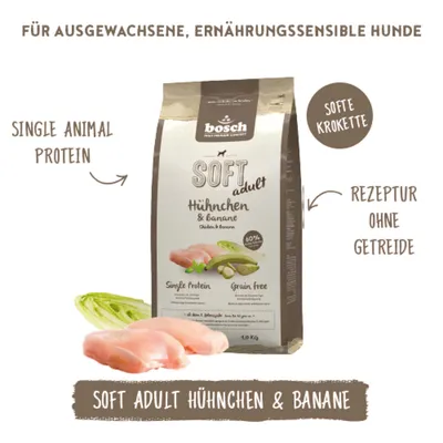 bosch SOFT adult Hühnchen & Banane, Single Animal Protein, softe Krokette, Rezeptur ohne Getreide, für ausgewachsene, ernährungssensible Hunde.
