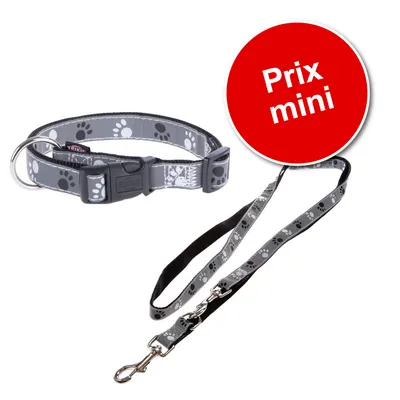 Collier et laisse Trixie gris avec motifs pattes, boucle en plastique, mousqueton métal. Pastille rouge avec texte : Prix mini.