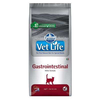 Farmina Vet Life Gastrointestinal feline formula, sacco da 2 kg. Testo visibile: 'The First Natural Diet for Special Needs', 'Natural ingredients', 'Natural antioxidants'.