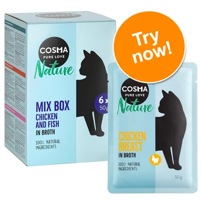 COSMA Pure Love Nature Mix Box Chicken and Fish in Broth, 6 x 50g, 100% natural ingredients. Pouch: Chicken Breast in Broth, 50g. Orange badge reads Try now!