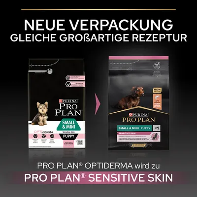 Neue Verpackung, gleiche grossartige Rezeptur. PRO PLAN Optiderma wird zu PRO PLAN Sensitive Skin Small & Mini Puppy.