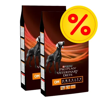 Två påsar Purina Pro Plan Veterinary Diets OM Obesity Management hundfoder, erbjudande med procenttecken synligt uppe till höger.