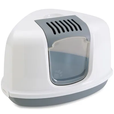 Kattenbak met kap, kunststof, grijs-wit, transparant klapdeurtje en ventilatierooster bovenop. Pootafdruk zichtbaar op de deur. Kattenbak met kap, kunststof, grijs-wit, transparant klapdeurtje en ventilatierooster bovenop. Pootafdruk zichtbaar op de deur.