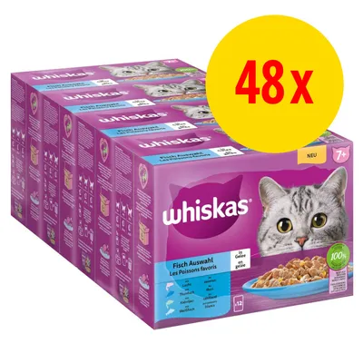 Lot de 48 sachets Whiskas Les Poissons favoris en gelée pour chats 7+, saumon, thon, colin, cabillaud. Texte visible : 100 %, NEU, 7+, Fisch Auswahl, Les Poissons favoris. Lot de 48 sachets Whiskas Les Poissons favoris en gelée pour chats 7+, saumon, thon, colin, cabillaud. Texte visible : 100 %, NEU, 7+, Fisch Auswahl, Les Poissons favoris.