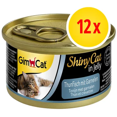 GimCat ShinyCat in Jelly, tuňák s krevetami, 12x konzerva, bez lepku, prémiová kvalita.