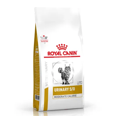 Confezione di Royal Canin Urinary S/O Moderate Calorie per gatti, con scritta 'Veterinary Nutrition' e immagine di un gatto sul fronte.