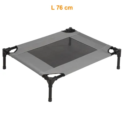 Lit surélevé pour animal, structure en plastique et tissu, surface centrale en maille, couleur grise, longueur indiquée : 76 cm