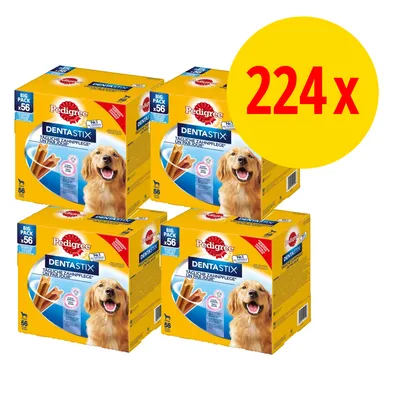 4 pakker Pedigree Dentastix, hver med 56 stk., samlet antal 224 stk. Stor gul cirkel med rød tekst: 224x. Synlig hundebillede og produktnavn på emballagen.