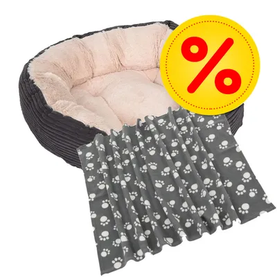Graues Haustierbett mit weicher, beiger Innenpolsterung und grauer Decke mit weissen Pfotenmustern. Gelbes Rabatt-Symbol mit rotem Prozentzeichen sichtbar. Graues Haustierbett mit weicher, beiger Innenpolsterung und grauer Decke mit weissen Pfotenmustern. Gelbes Rabatt-Symbol mit rotem Prozentzeichen sichtbar.