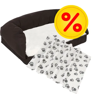 Hundebett mit weisser Liegefläche und schwarzem Rand, daneben weisse Decke mit Pfotenmuster. Gelbes Rabatt-Symbol mit rotem Prozentzeichen sichtbar.