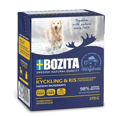 Bozita Swedish Natural Quality, pui și orez, 370g. Fără grâu, fără OMG, fără adaos de zahăr. 98% proteină animală. Fabricat cu ingrediente naturale în Vårgårda.