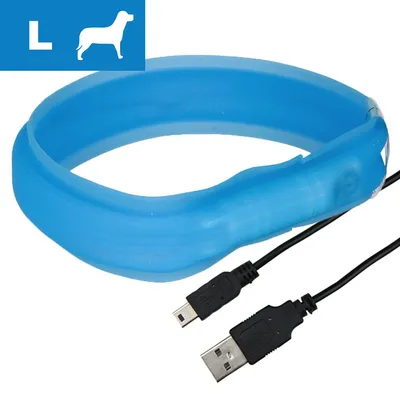 Niebieska obroża silikonowa z kablem USB, rozmiar L widoczny w lewym górnym rogu na niebieskim tle z ikoną psa.
