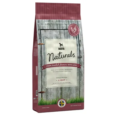 Bozita Naturals Light, single protein. From Swedish farmers with love. Made with natural ingredients, no unnecessary additives. Adult dog. Net weight 10 kg. Made in Sweden.