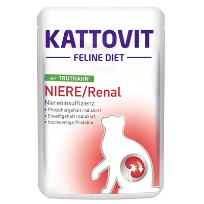 Kattovit Feline Diet NIERE/Renal mit Truthahn. Niereninsuffizienz, fosforgehalte en eiwitgehalte gereduceerd, hoogwaardige proteïnen. Tekst in het Duits.
