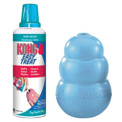 KONG Easy Treat Recette pour chiots, spray avec texte 'Choses à étendre récréation', jouet bleu KONG et pastille rouge 'Prix mini'