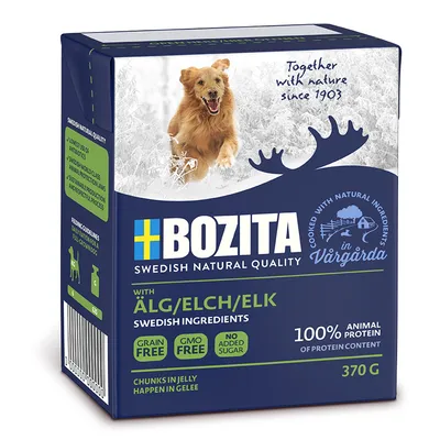 Bozita Swedish Natural Quality cu elan. 100% proteină animală, fără cereale, fără organisme modificate genetic, fără adaos de zahăr. Bucăți în aspic, 370g. Cu ingrediente naturale din Vårgårda.