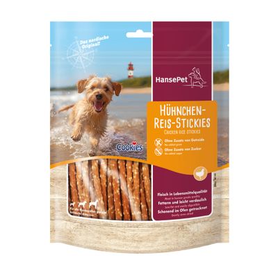 HansePet Hähnchen-Reis-Stickies. Ohne Zusatz von Getreide, ohne Zusatz von Zucker, Fleisch in Lebensmittelqualität, fettarm und leicht verdaulich, schonend im Ofen getrocknet.