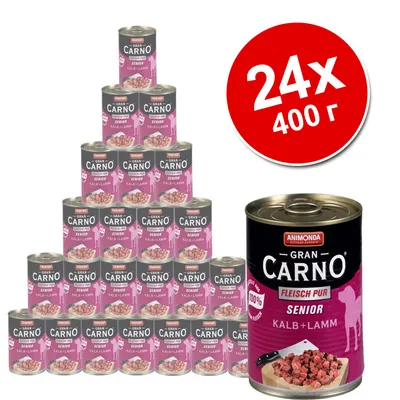 24 консерви Animonda Gran Carno Senior Kalb + Lamm, 400 г. Видими са етикетите с надписи: Fleisch Pur, 100% Fleisch, изображение на куче и месо.