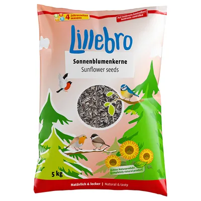 Lillebro Sonnenblumenkerne Sunflower seeds, sac de 5 kg. Texte visible : 4 Jahreszeiten seasons, Auf Ambrosia kontrolliert Ambrosia controlled, Échtes Naturprodukt Completely natural product.
