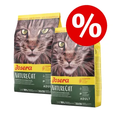Josera NatureCat Adult, getreidefreies Katzenfutter mit Geflügel und Lachs. Zwei Packungen mit Rabatt-Symbol.
