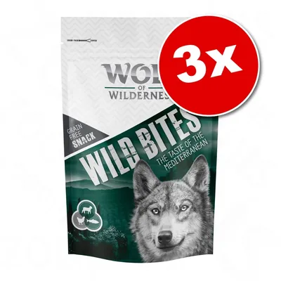 Wolf of Wilderness Wild Bites, The Taste of the Mediterranean, grain free snack, lot de 3x indiqué en rouge sur l’emballage. Texte en anglais visible. Wolf of Wilderness Wild Bites, The Taste of the Mediterranean, grain free snack, lot de 3x indiqué en rouge sur l’emballage. Texte en anglais visible.