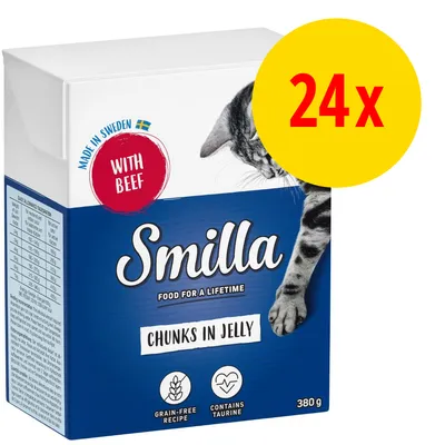 Smilla Chunks in Jelly med nötkött, 380 g. Text: Made in Sweden, with beef, grain-free recipe, contains taurine. Stor gul cirkel med röd text: 24x.