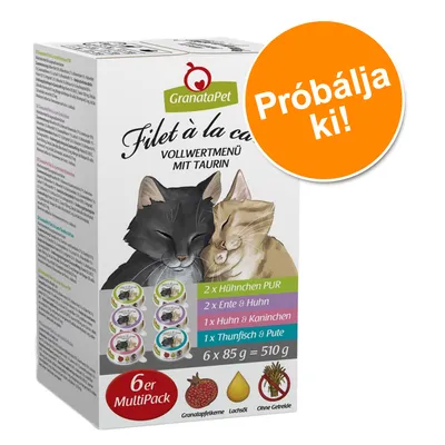 GranataPet Filet à la carte macskaeledel multipack, 6×85 g. Próbálja ki! 2× Huhnchen PUR, 2× Ente & Huhn, 1× Huhn & Kaninchen, 1× Thunfisch & Pute. Gránátalma, lazacolaj, gabonamentes.