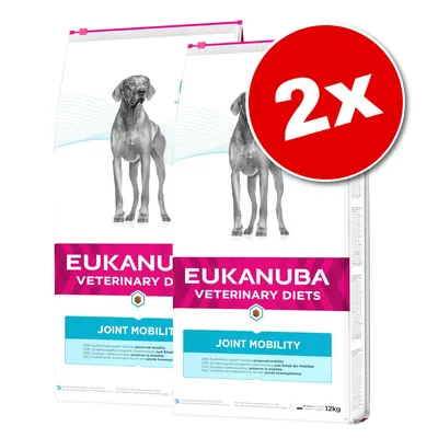 Lot de 2 sacs Eukanuba Veterinary Diets Joint Mobility pour chien, 12 kg chacun, texte visible : Joint Mobility, 2x en rouge sur un cercle.