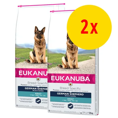 Lot de 2 sacs Eukanuba Breed Specific German Shepherd Adult, 12 kg chacun. Texte visible : +1 Year, Belgian Shepherds, Premium dry food.