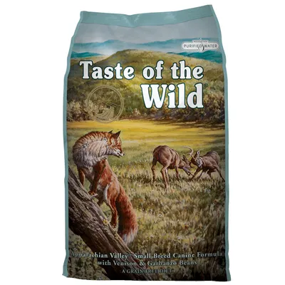 Zak hondenvoer Taste of the Wild. Tekst: Appalachian Valley Small Breed Canine Formula with Venison & Garbanzo Beans, A Grain-Free Diet, Purified Water.